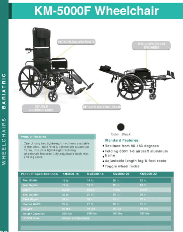 Karman KM 5000 Lightweight Reclining Wheelchair with Removable Desk Armrest