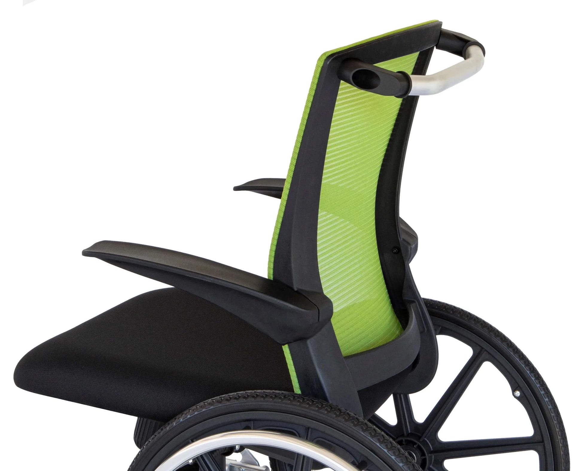 Compact daily wheelchair alternative with tilt-lock feature and flip-up armrests, side profile