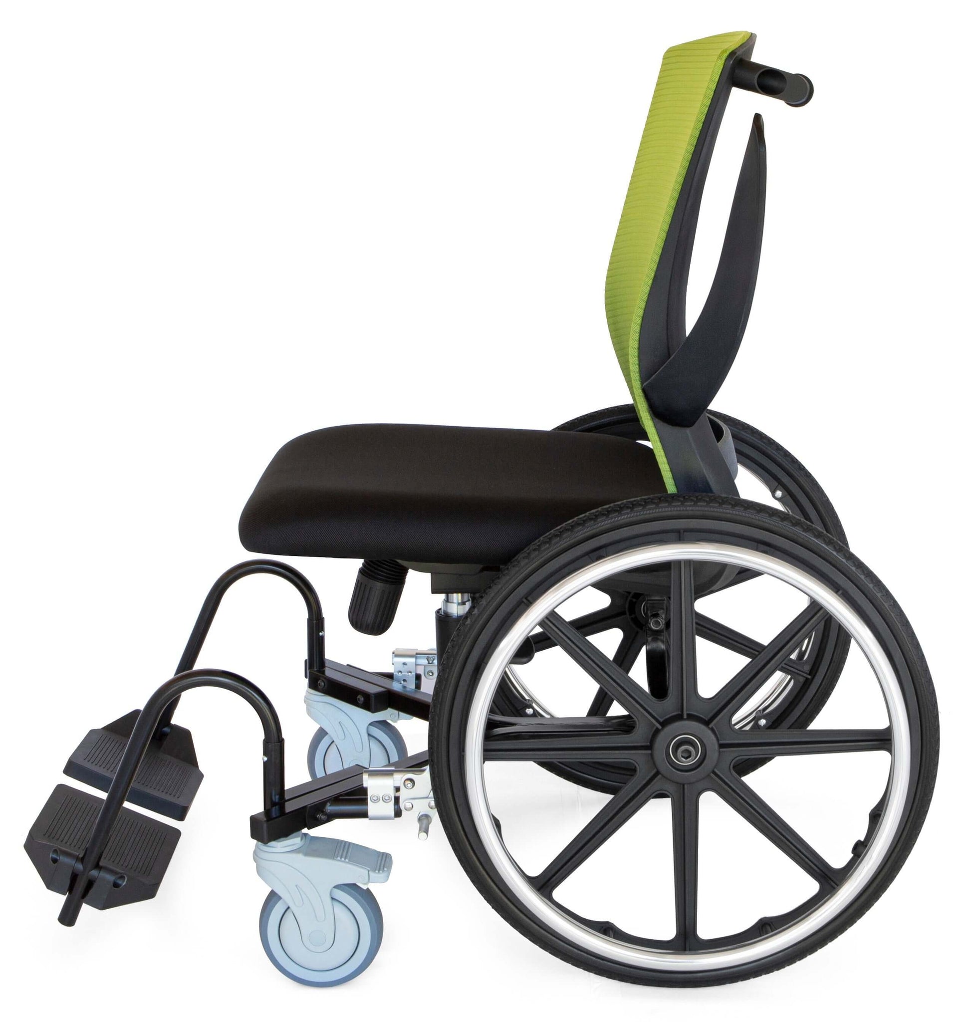 Compact daily wheelchair alternative with tilt-lock feature and flip-up armrests, side profile