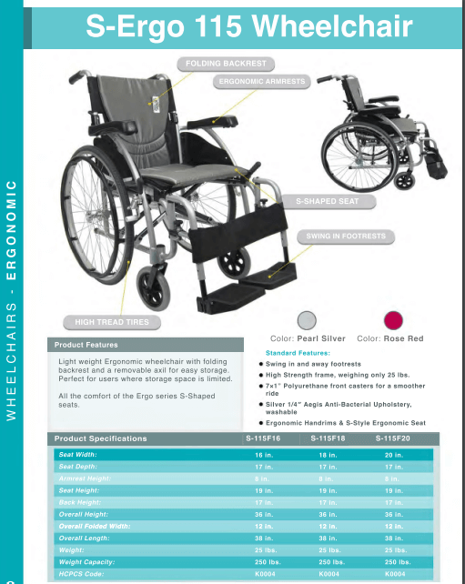 Karman Healthcare S-Ergo 115  20 Inch Seat Ultra Lightweight