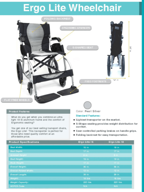 Karman Ergo Lite seat Ultra Lightweight Ergonomic Transport Wheelchair